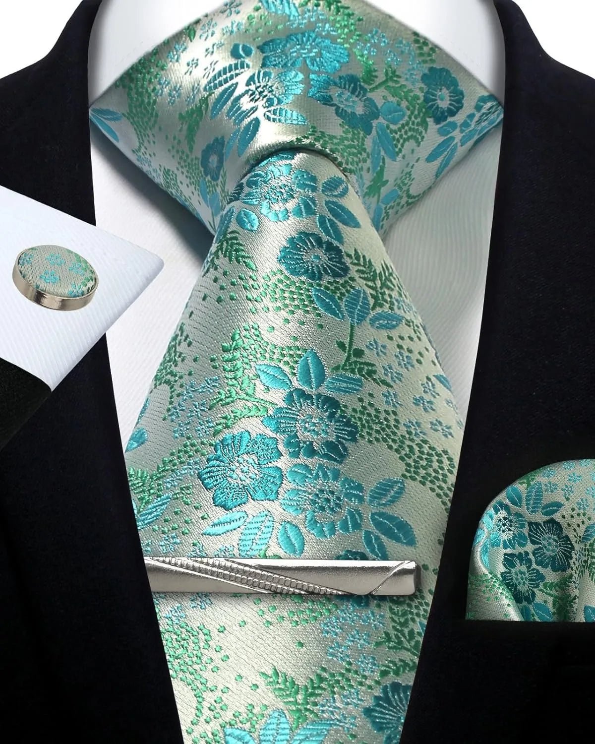 Mens Tie Set Silk Silver Paisley Floral Necktie and Pocket Square Cufflinks Tie Clip Classic Formal Ties for Men Wedding Party - Luzilly Bridal & Apparel
