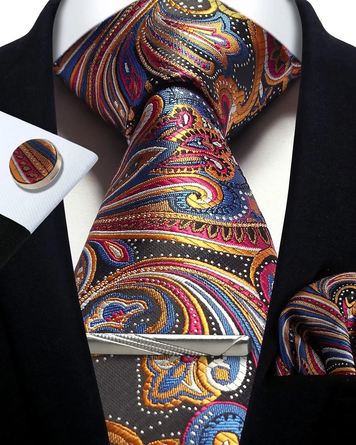 Mens Tie Set Silk Silver Paisley Floral Necktie and Pocket Square Cufflinks Tie Clip Classic Formal Ties for Men Wedding Party - Luzilly Bridal & Apparel