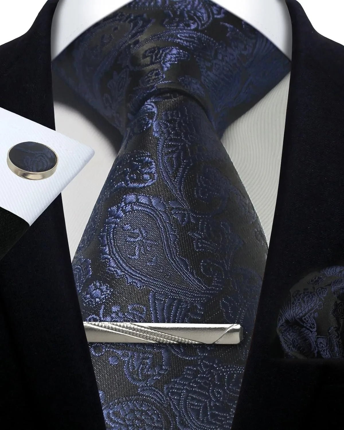 Mens Tie Set Silk Silver Paisley Floral Necktie and Pocket Square Cufflinks Tie Clip Classic Formal Ties for Men Wedding Party - Luzilly Bridal & Apparel