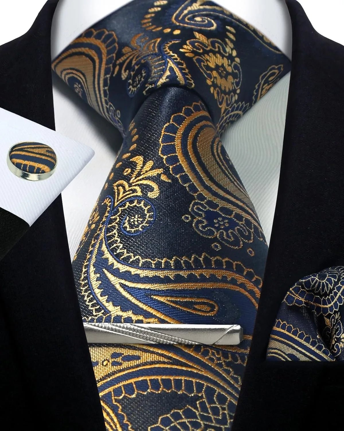 Mens Tie Set Silk Silver Paisley Floral Necktie and Pocket Square Cufflinks Tie Clip Classic Formal Ties for Men Wedding Party - Luzilly Bridal & Apparel