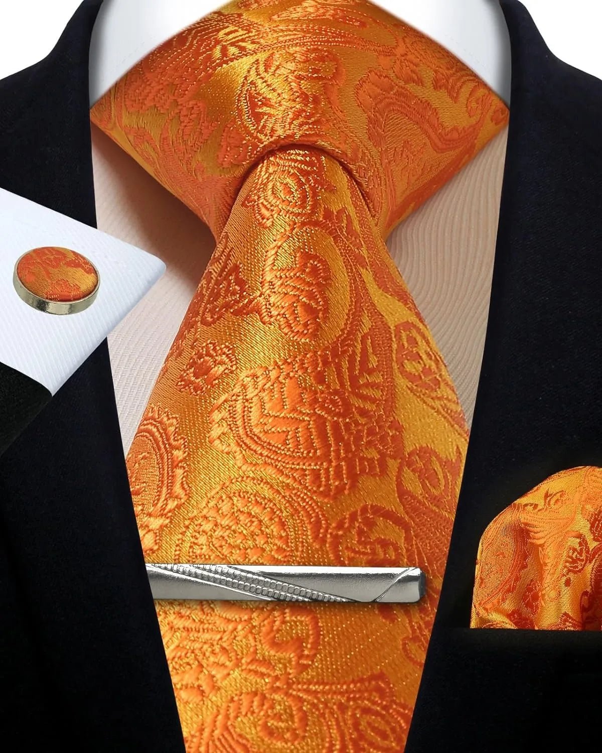Mens Tie Set Silk Silver Paisley Floral Necktie and Pocket Square Cufflinks Tie Clip Classic Formal Ties for Men Wedding Party - Luzilly Bridal & Apparel