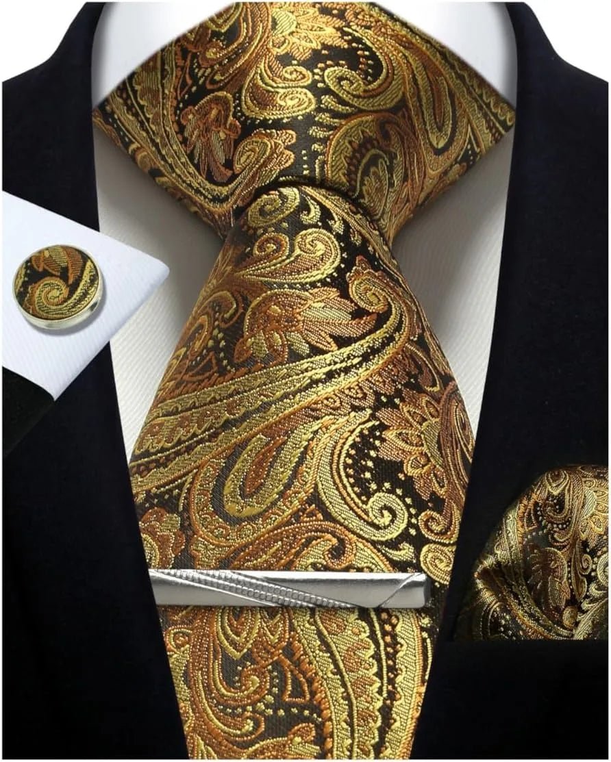Mens Tie Set Silk Silver Paisley Floral Necktie and Pocket Square Cufflinks Tie Clip Classic Formal Ties for Men Wedding Party - Luzilly Bridal & Apparel