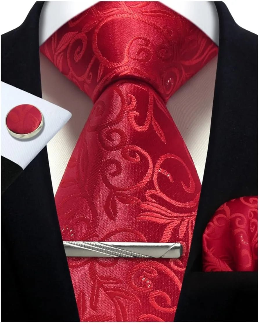 Mens Tie Set Silk Silver Paisley Floral Necktie and Pocket Square Cufflinks Tie Clip Classic Formal Ties for Men Wedding Party - Luzilly Bridal & Apparel