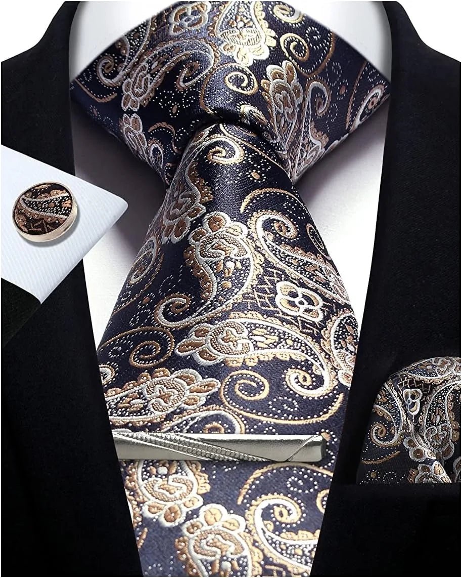 Mens Tie Set Silk Silver Paisley Floral Necktie and Pocket Square Cufflinks Tie Clip Classic Formal Ties for Men Wedding Party - Luzilly Bridal & Apparel