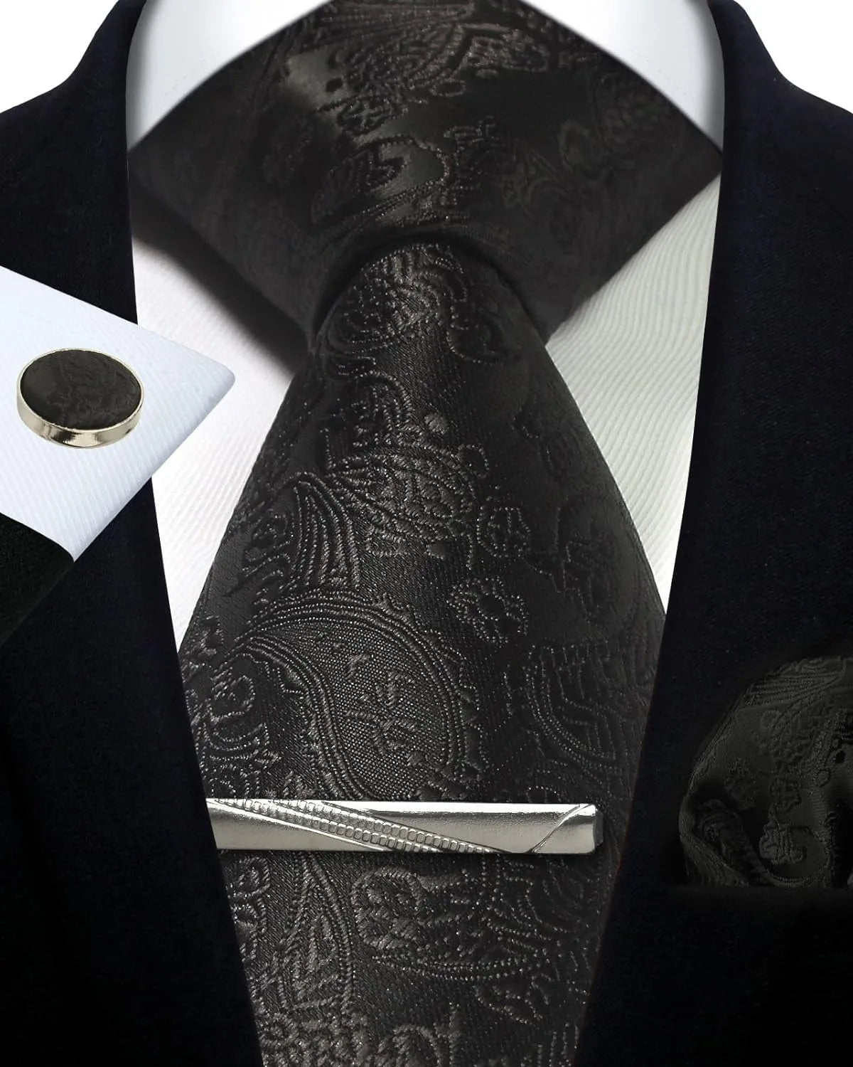 Mens Tie Set Silk Silver Paisley Floral Necktie and Pocket Square Cufflinks Tie Clip Classic Formal Ties for Men Wedding Party - Luzilly Bridal & Apparel