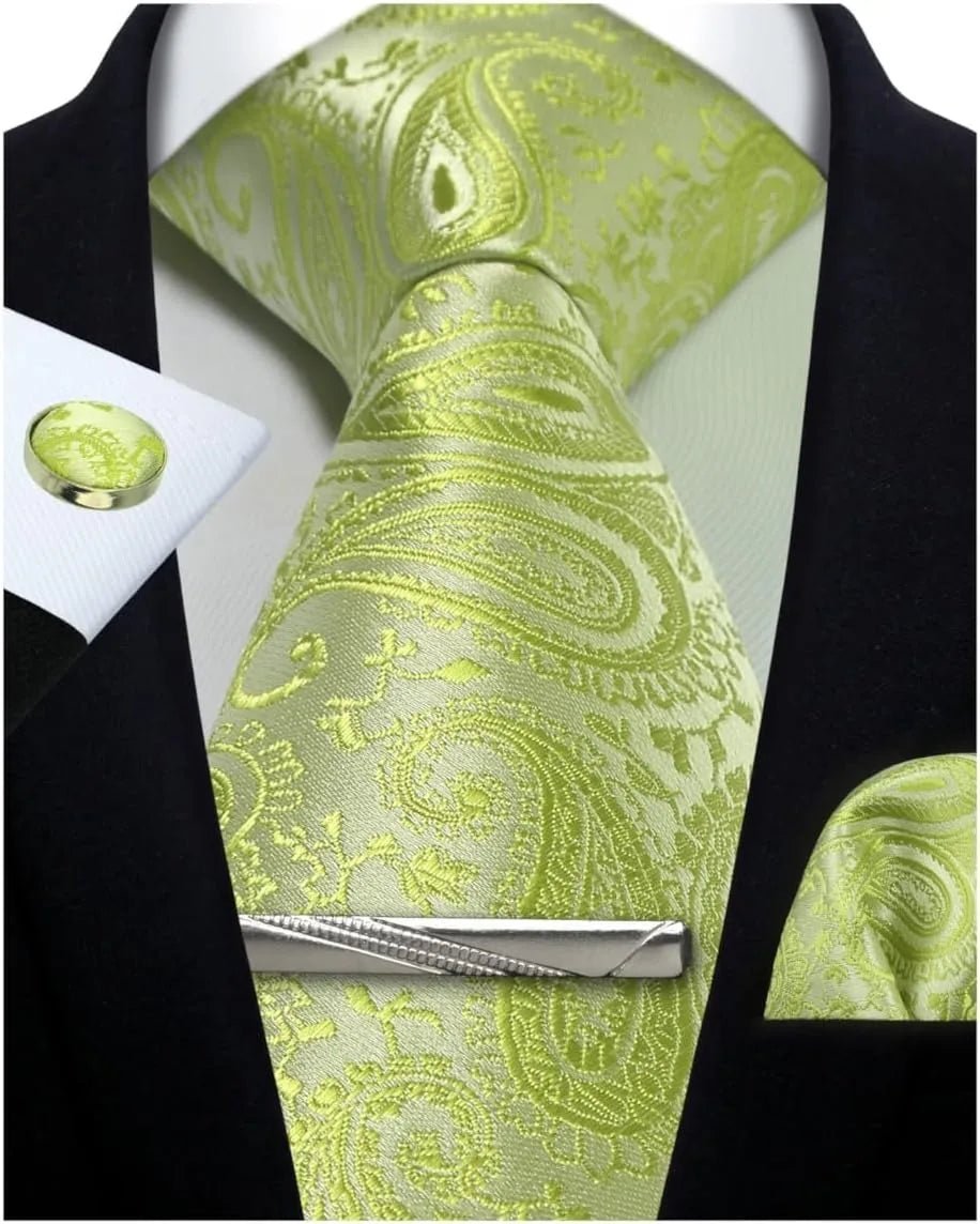 Mens Tie Set Silk Silver Paisley Floral Necktie and Pocket Square Cufflinks Tie Clip Classic Formal Ties for Men Wedding Party - Luzilly Bridal & Apparel