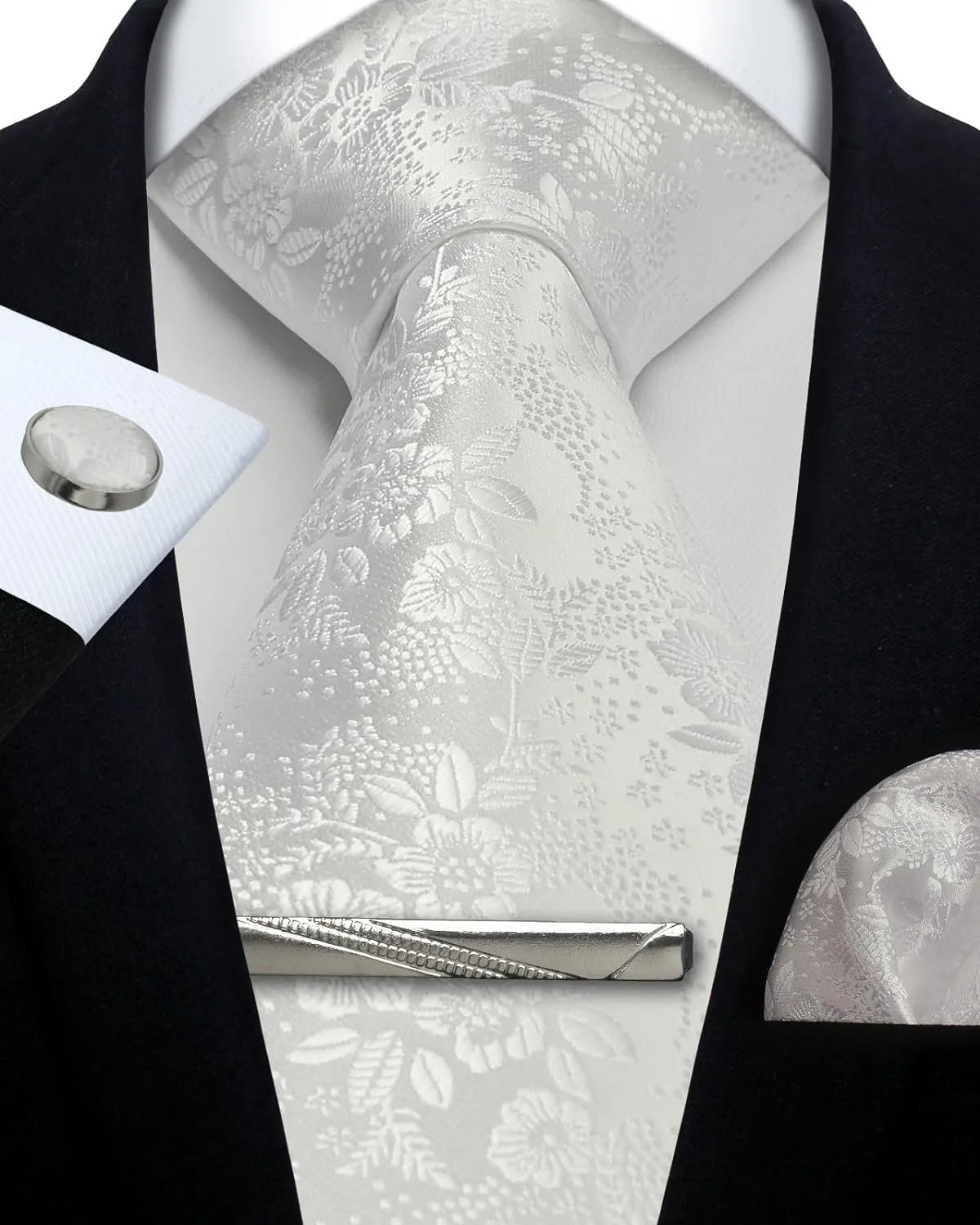 Mens Tie Set Silk Silver Paisley Floral Necktie and Pocket Square Cufflinks Tie Clip Classic Formal Ties for Men Wedding Party - Luzilly Bridal & Apparel