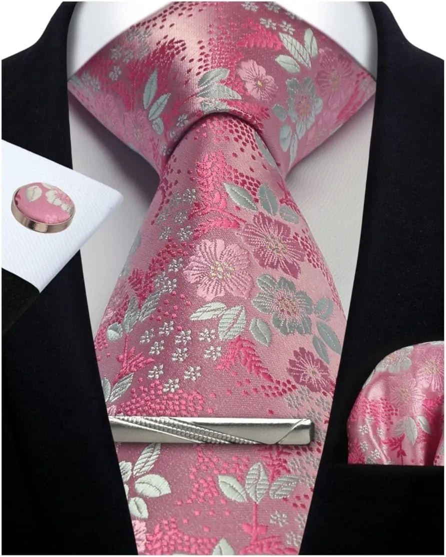 Mens Tie Set Silk Silver Paisley Floral Necktie and Pocket Square Cufflinks Tie Clip Classic Formal Ties for Men Wedding Party - Luzilly Bridal & Apparel
