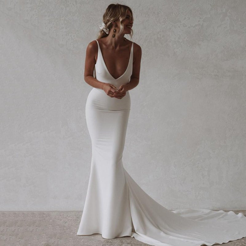 Mermaid Beach Wedding Deep V-Neck Back Dress - Luzilly Bridal & Apparel