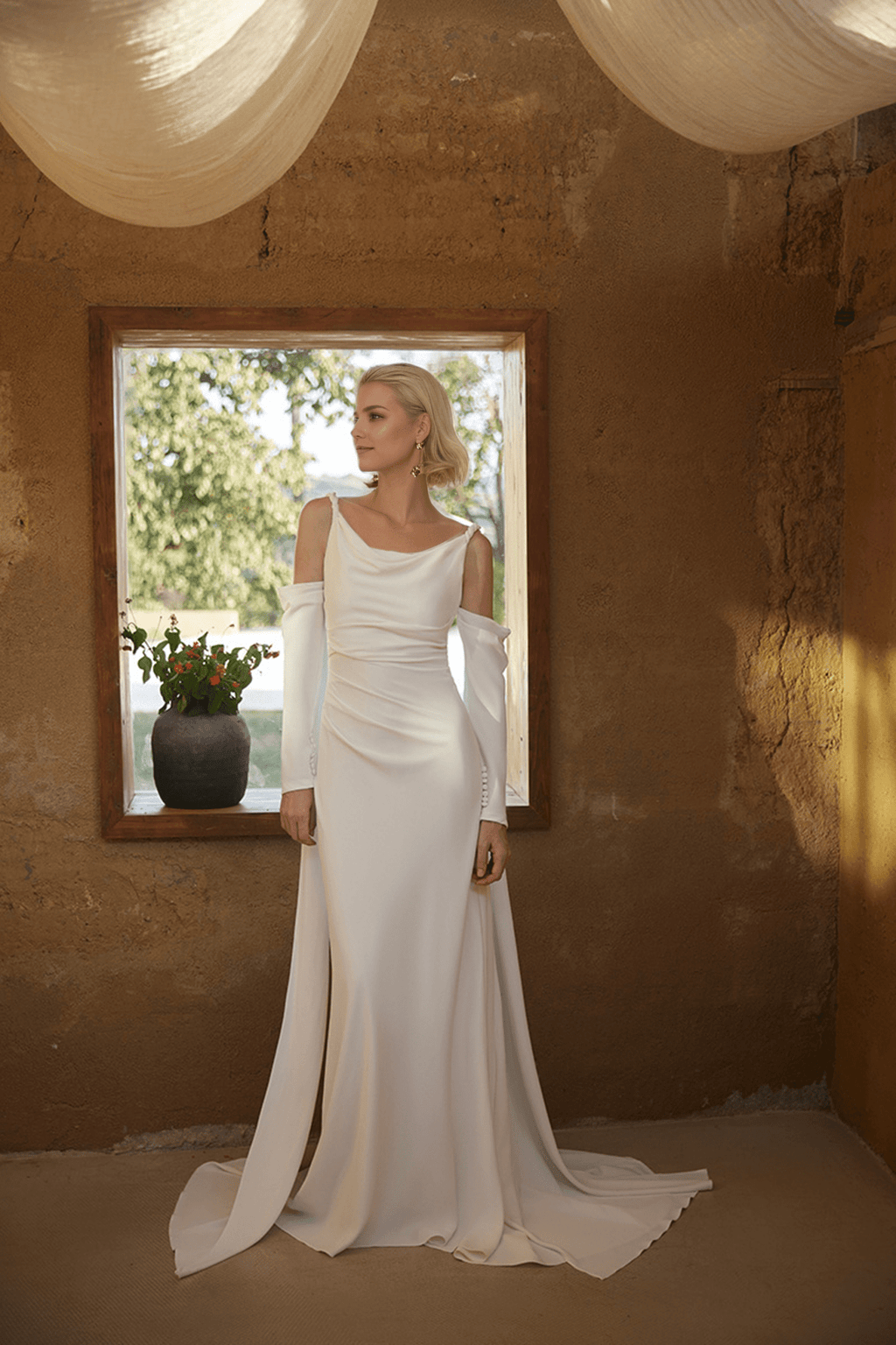 Minimalist Off-Shoulder Satin Wedding Gown with Detachable Sleeves and Elegant Train - Luzilly Bridal & Apparel