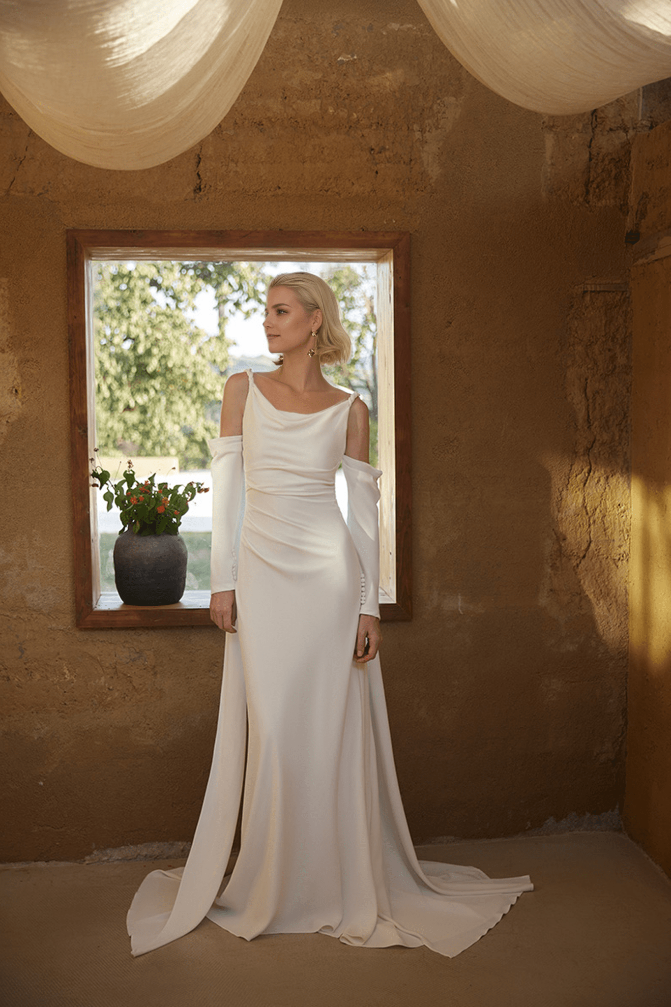 Minimalist Off-Shoulder Satin Wedding Gown with Detachable Sleeves and Elegant Train - Luzilly Bridal & Apparel