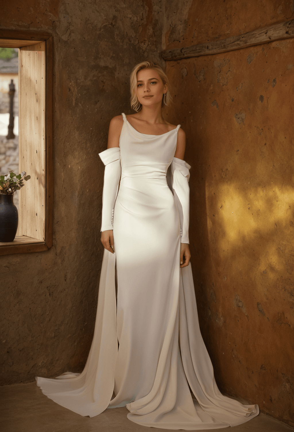 Minimalist Off-Shoulder Satin Wedding Gown with Detachable Sleeves and Elegant Train - Luzilly Bridal & Apparel