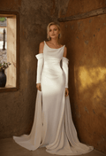 Minimalist Off-Shoulder Satin Wedding Gown with Detachable Sleeves and Elegant Train - Luzilly Bridal & Apparel