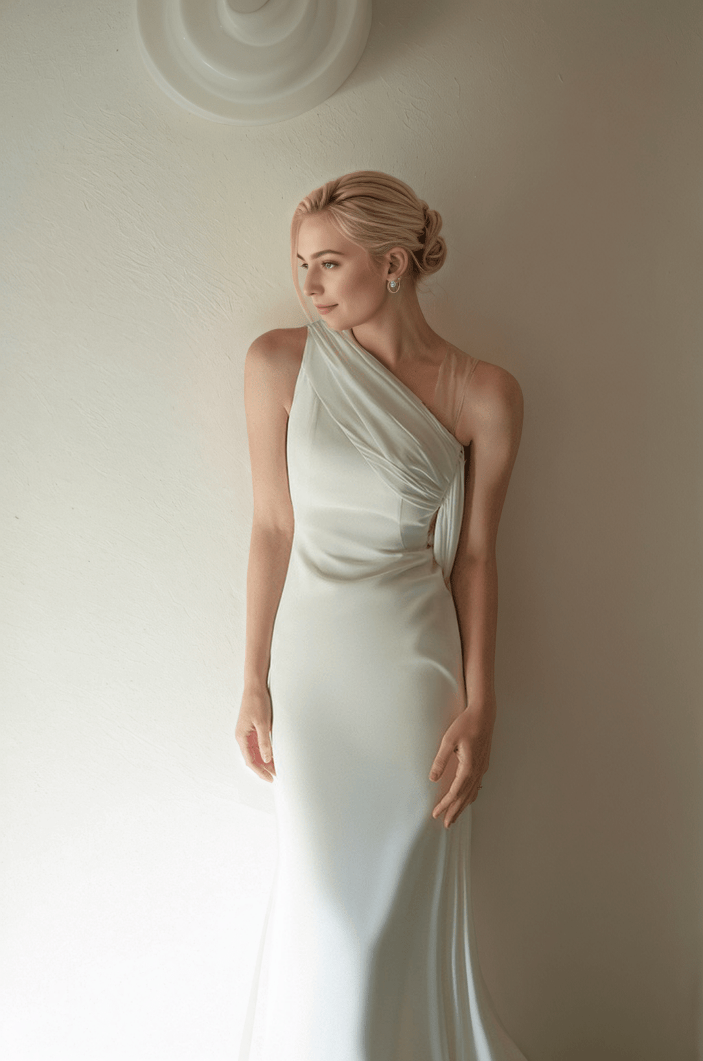 Minimalist One-Shoulder Silky Satin Wedding Dress with Draped Back - Luzilly Bridal & Apparel