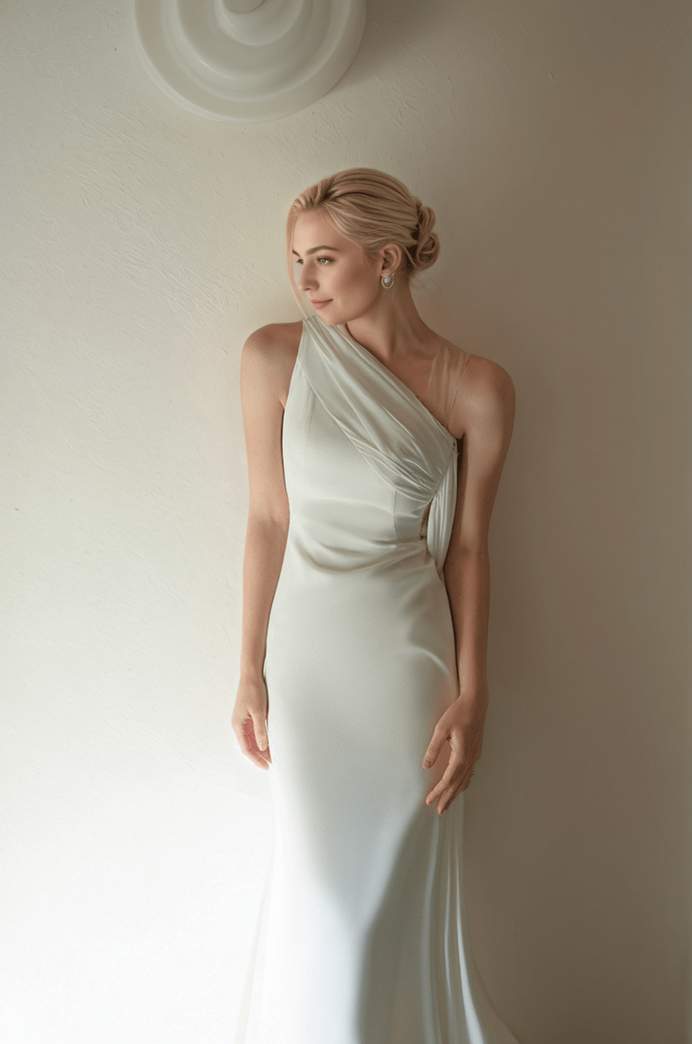Minimalist One-Shoulder Silky Satin Wedding Dress with Draped Back - Luzilly Bridal & Apparel