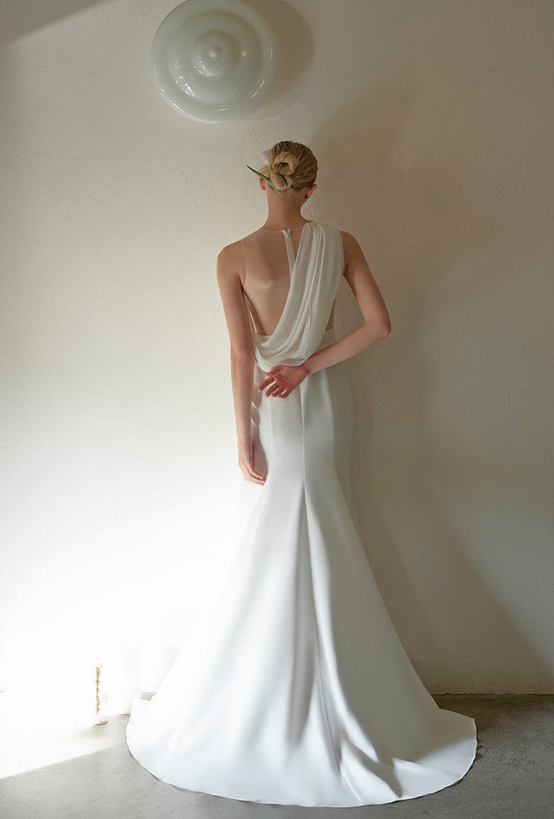 Minimalist One-Shoulder Silky Satin Wedding Dress with Draped Back - Luzilly Bridal & Apparel