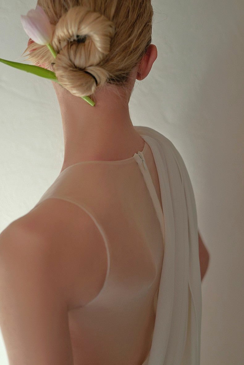 Minimalist One-Shoulder Silky Satin Wedding Dress with Draped Back - Luzilly Bridal & Apparel