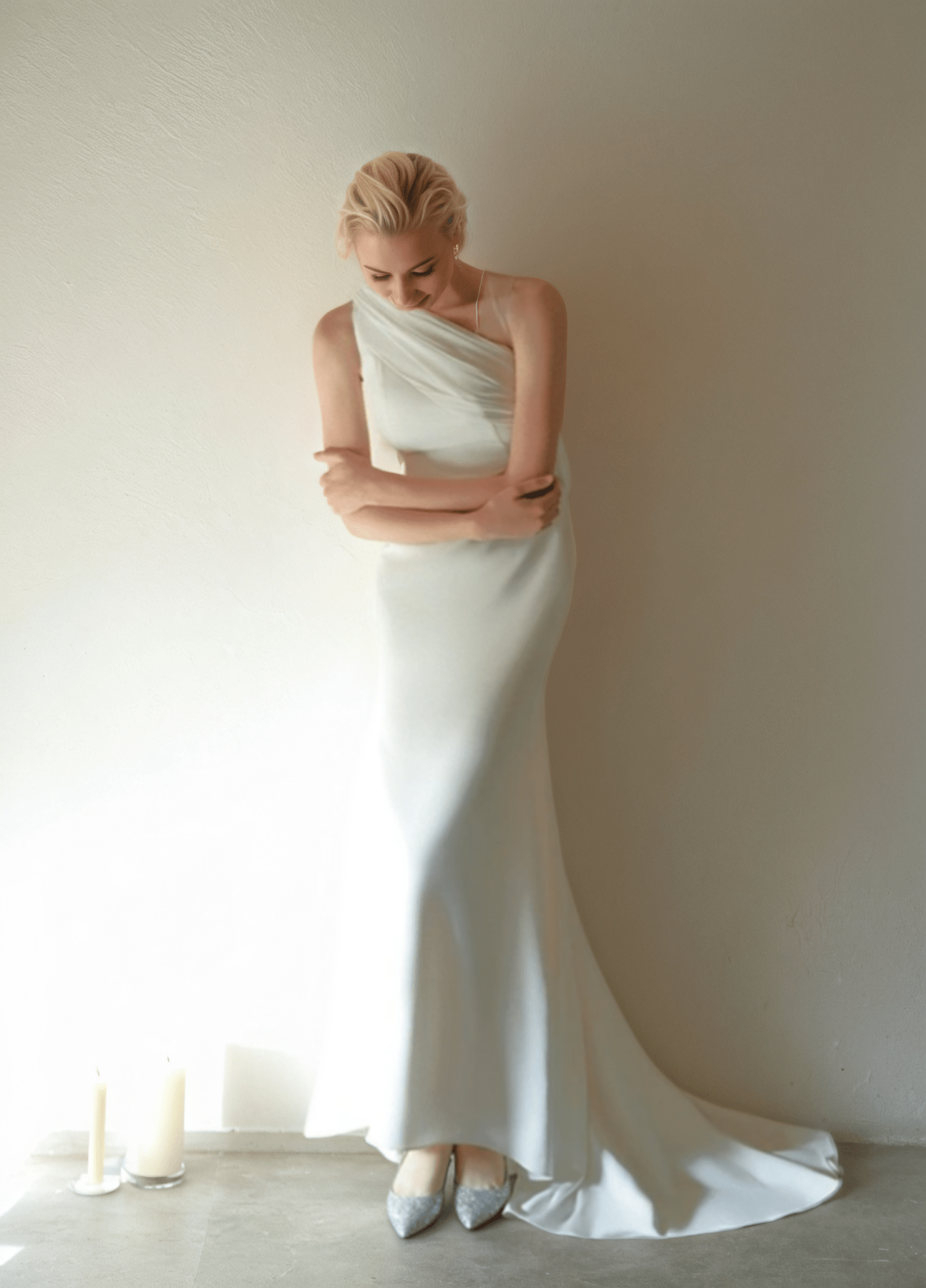 Minimalist One-Shoulder Silky Satin Wedding Dress with Draped Back - Luzilly Bridal & Apparel