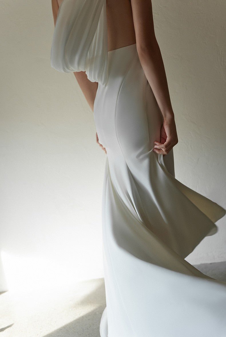 Minimalist One-Shoulder Silky Satin Wedding Dress with Draped Back - Luzilly Bridal & Apparel