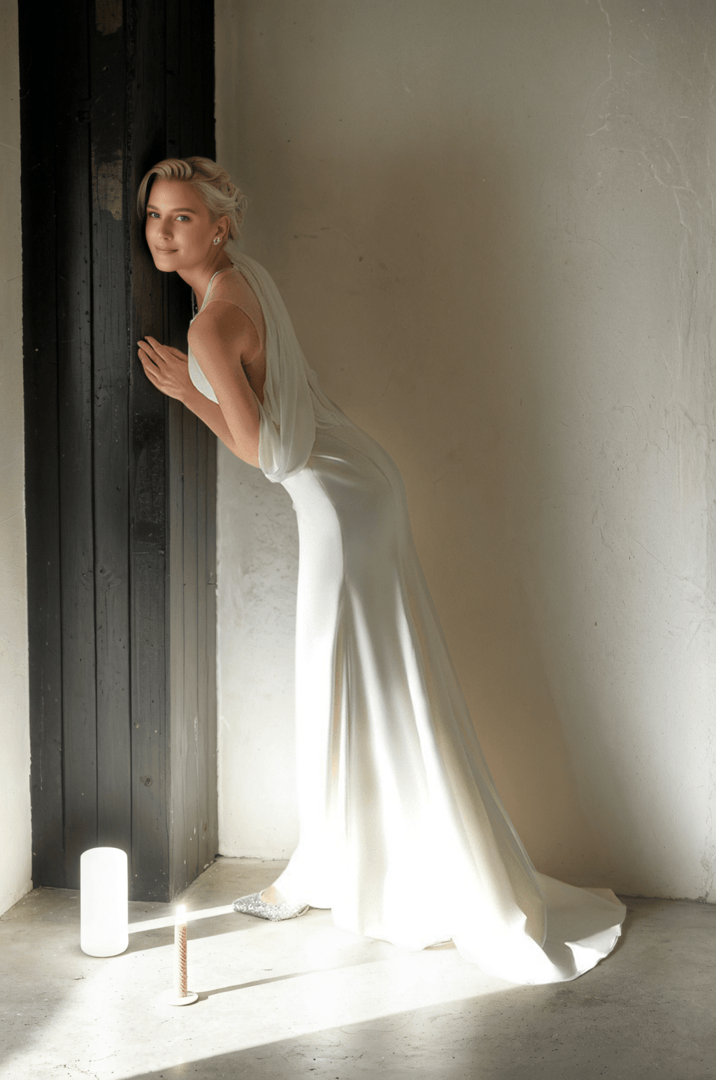 Minimalist One-Shoulder Silky Satin Wedding Dress with Draped Back - Luzilly Bridal & Apparel