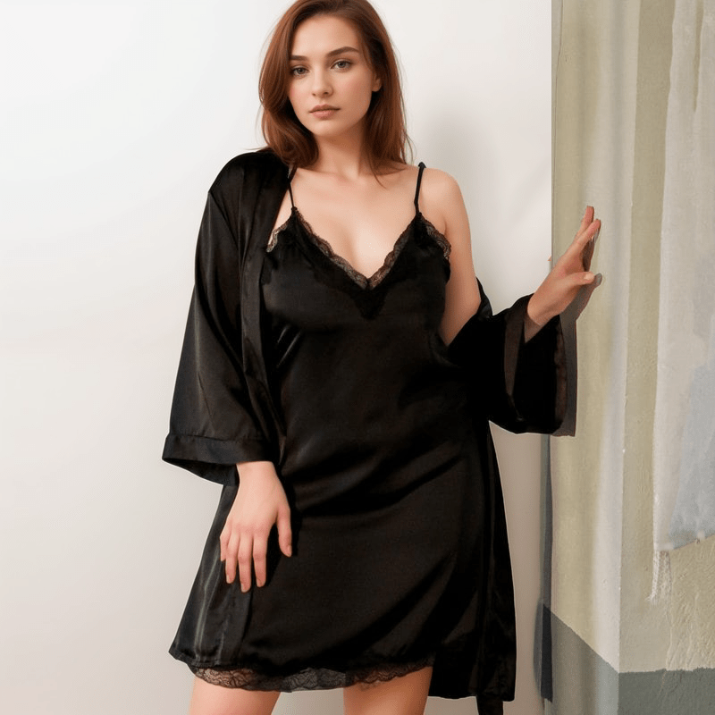 Minimalist Pink & Black Lace Silky Lingerie Set - Sizes S to 6XL - Luzilly Bridal & Apparel