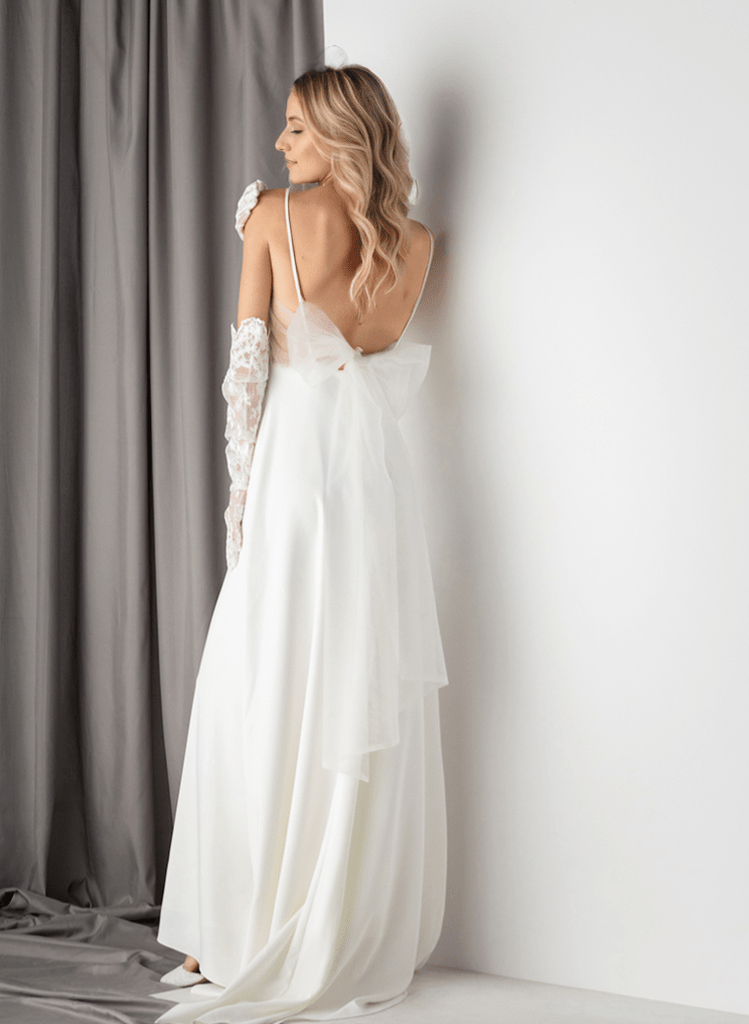 Minimalist Satin Wedding Dress with Delicate Bow Back & Sheer Gloves - Luzilly Bridal & Apparel