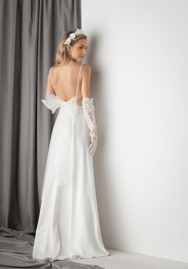 Minimalist Satin Wedding Dress with Delicate Bow Back & Sheer Gloves - Luzilly Bridal & Apparel