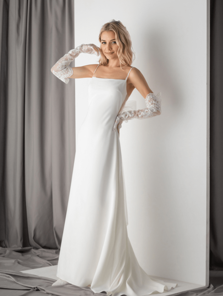 Minimalist Satin Wedding Dress with Delicate Bow Back & Sheer Gloves - Luzilly Bridal & Apparel