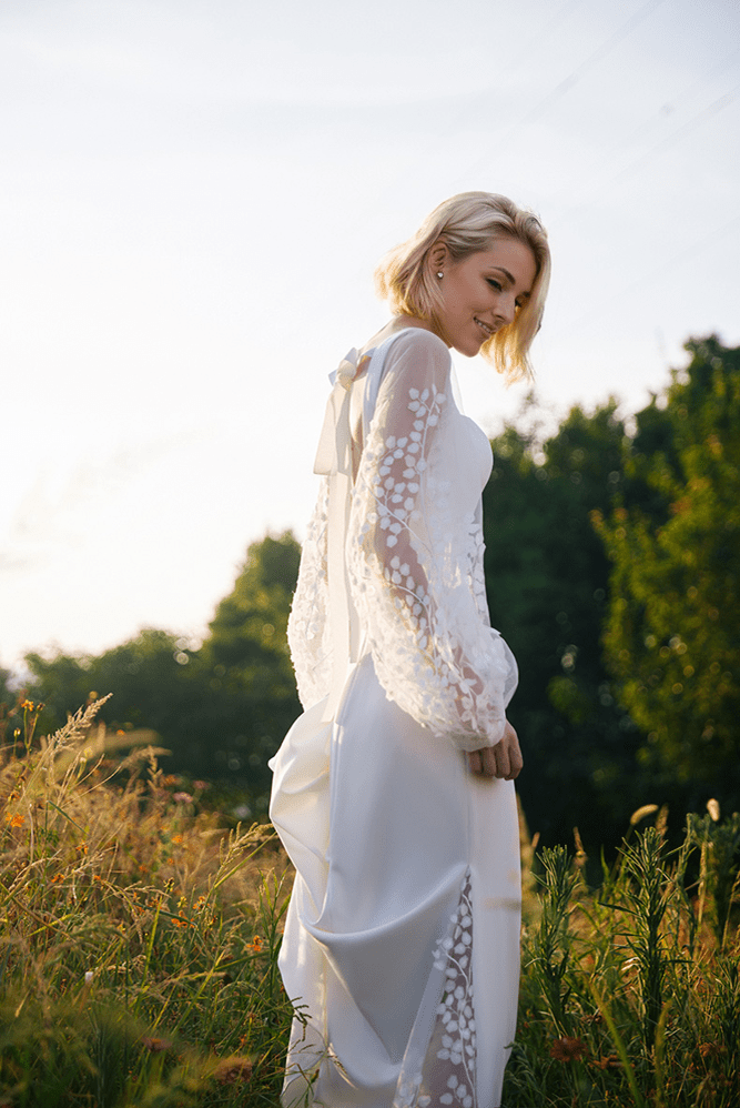 Minimalist Square Neck Wedding Dress with Sheer Embroidered Sleeves – Modern Bridal Elegance - Luzilly Bridal & Apparel