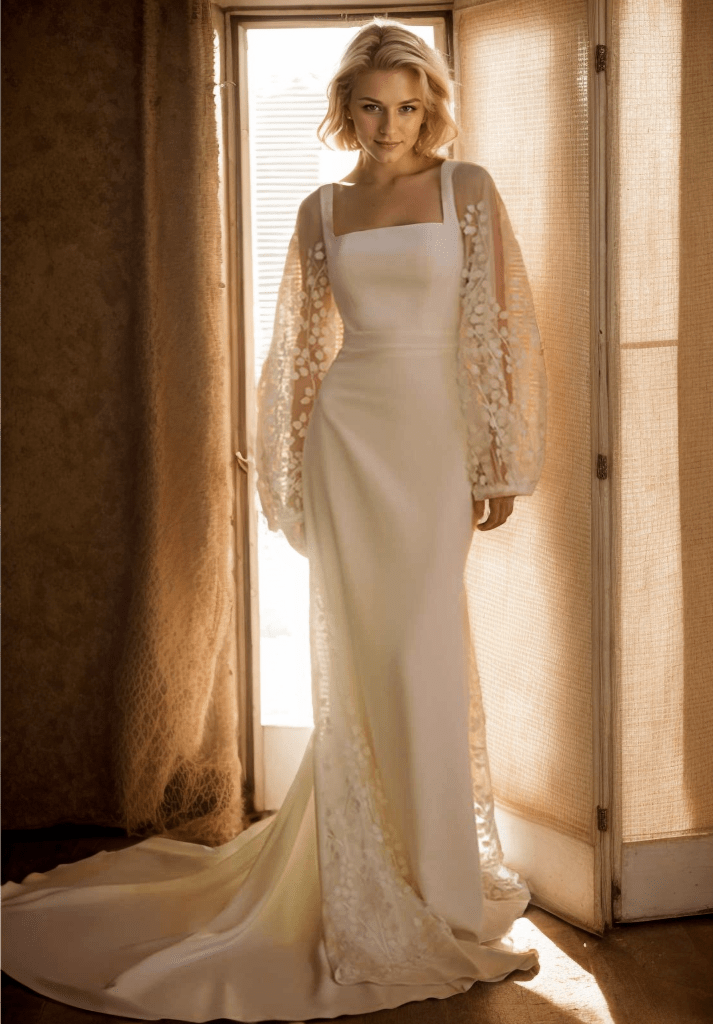 Minimalist Square Neck Wedding Dress with Sheer Embroidered Sleeves – Modern Bridal Elegance - Luzilly Bridal & Apparel