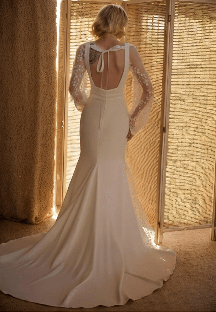Minimalist Square Neck Wedding Dress with Sheer Embroidered Sleeves – Modern Bridal Elegance - Luzilly Bridal & Apparel