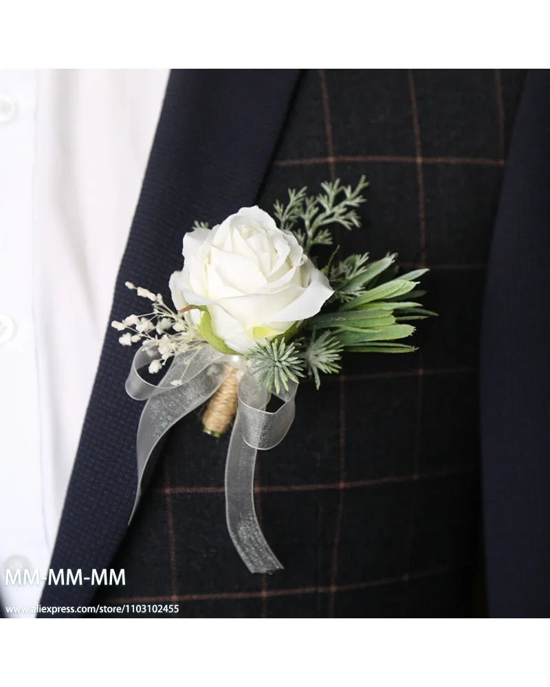 MM Boutonniere And Waist Corsage Set For Wedding for Man Bridegroom Groomsman Silk Flower Decoration Marriage Accessories - Luzilly Bridal & Apparel