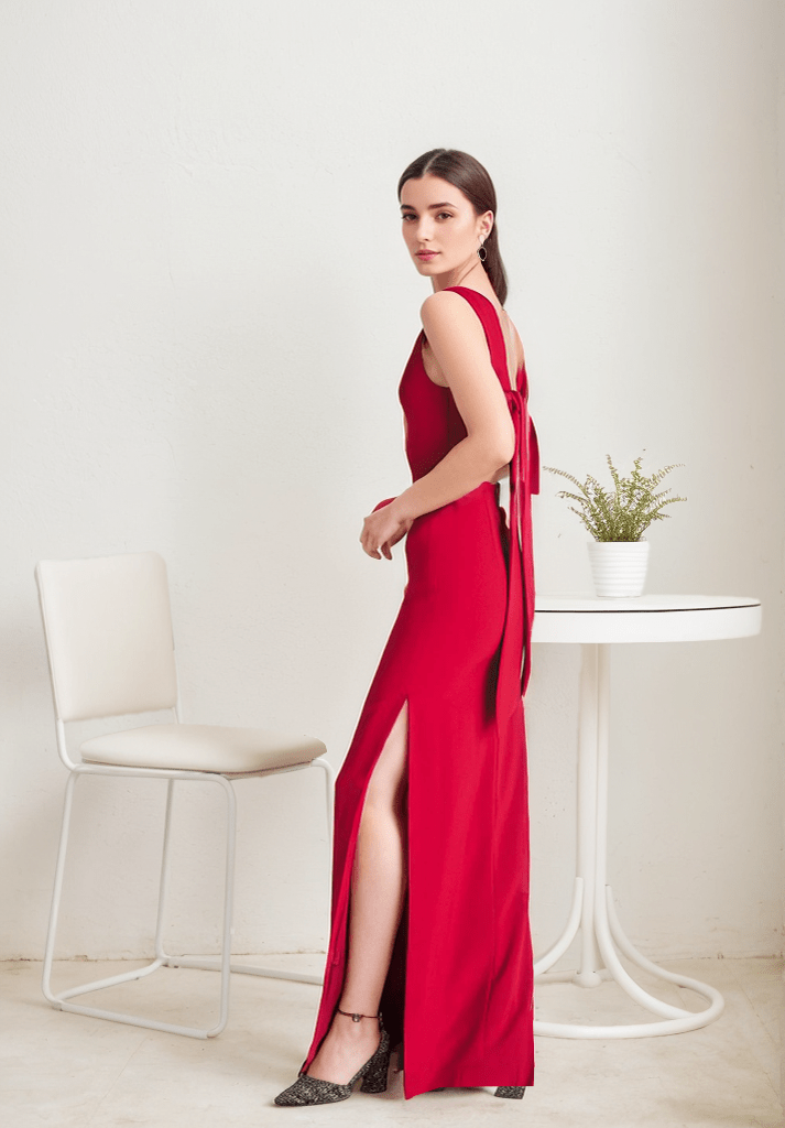 Modern bateau neckline hallowed back pencil skirt Stretchable satin prom dress - Luzilly Bridal & Apparel