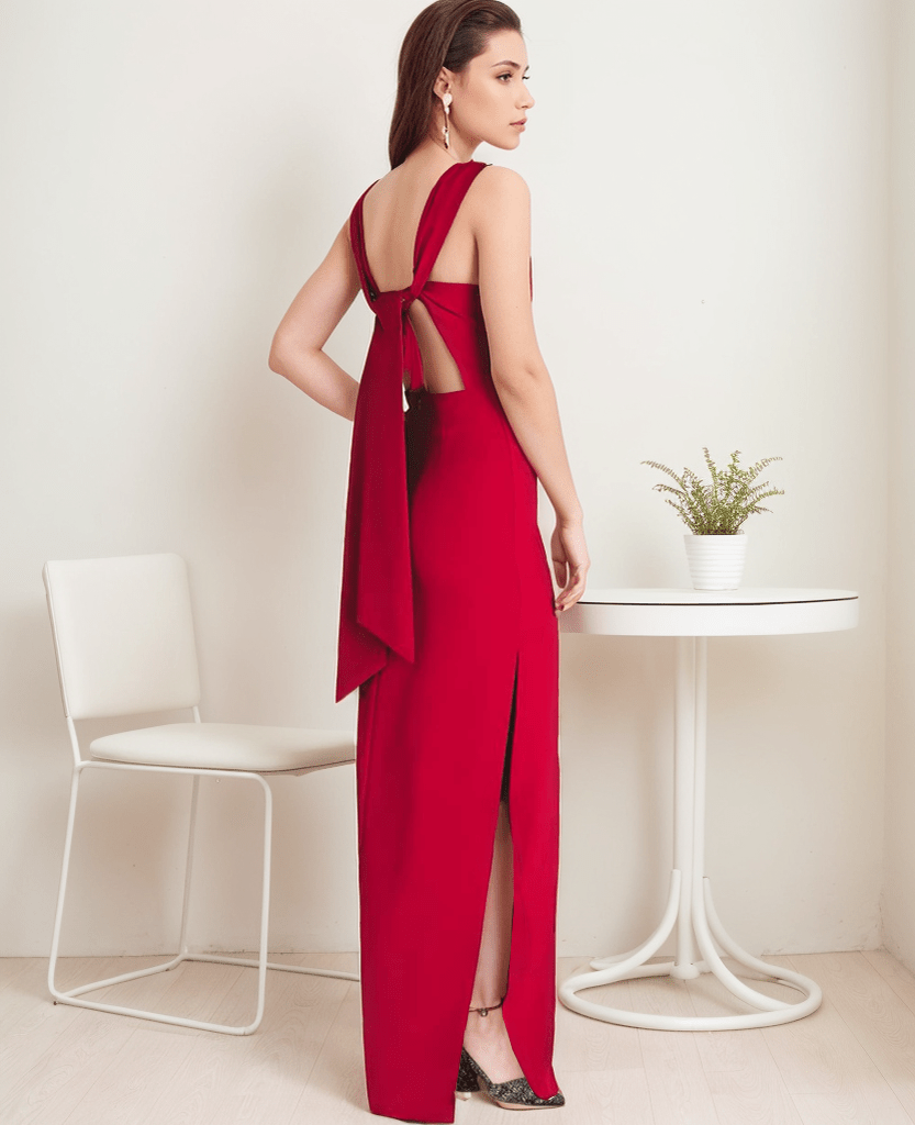 Modern bateau neckline hallowed back pencil skirt Stretchable satin prom dress - Luzilly Bridal & Apparel