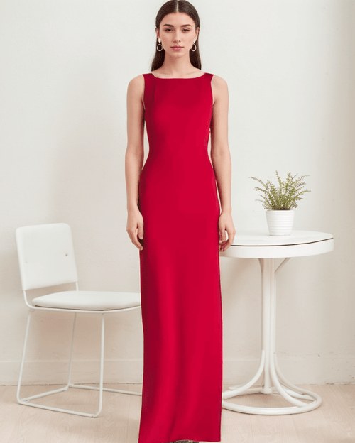 Modern bateau neckline hallowed back pencil skirt Stretchable satin prom dress - Luzilly Bridal & Apparel