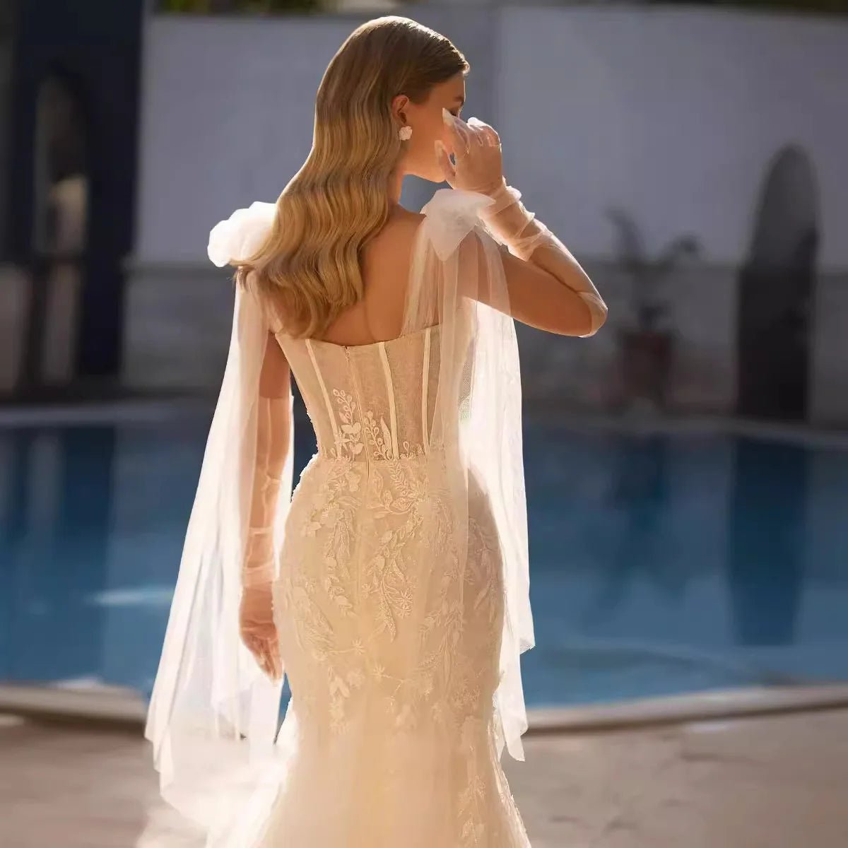 Modern Draped Tulle Mermaid Wedding Dress with Detachable Train - Luzilly Bridal & Apparel