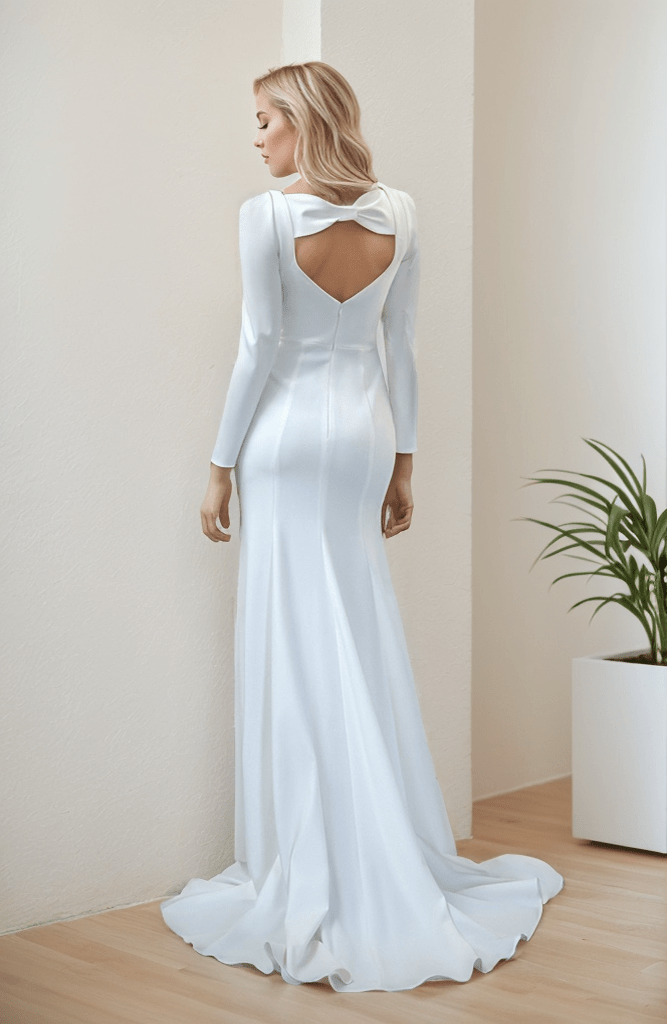 Modern Elegant Long Sleeves Square Neck Bow Design Back Stretchy Satin Simple wedding - Luzilly Bridal & Apparel
