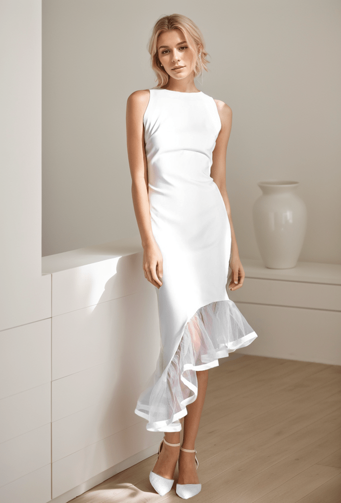 Modern Scoop Neck asymmetrical skirt hem Satin wedding dress little white dress - Luzilly Bridal & Apparel