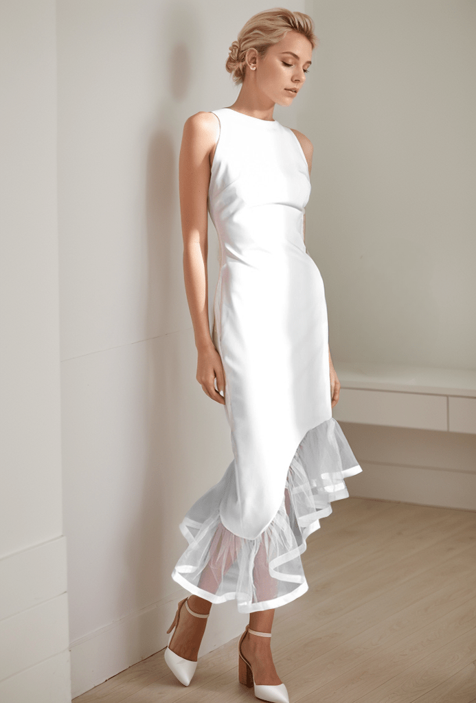 Modern Scoop Neck asymmetrical skirt hem Satin wedding dress little white dress - Luzilly Bridal & Apparel