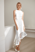 Modern Scoop Neck asymmetrical skirt hem Satin wedding dress little white dress - Luzilly Bridal & Apparel