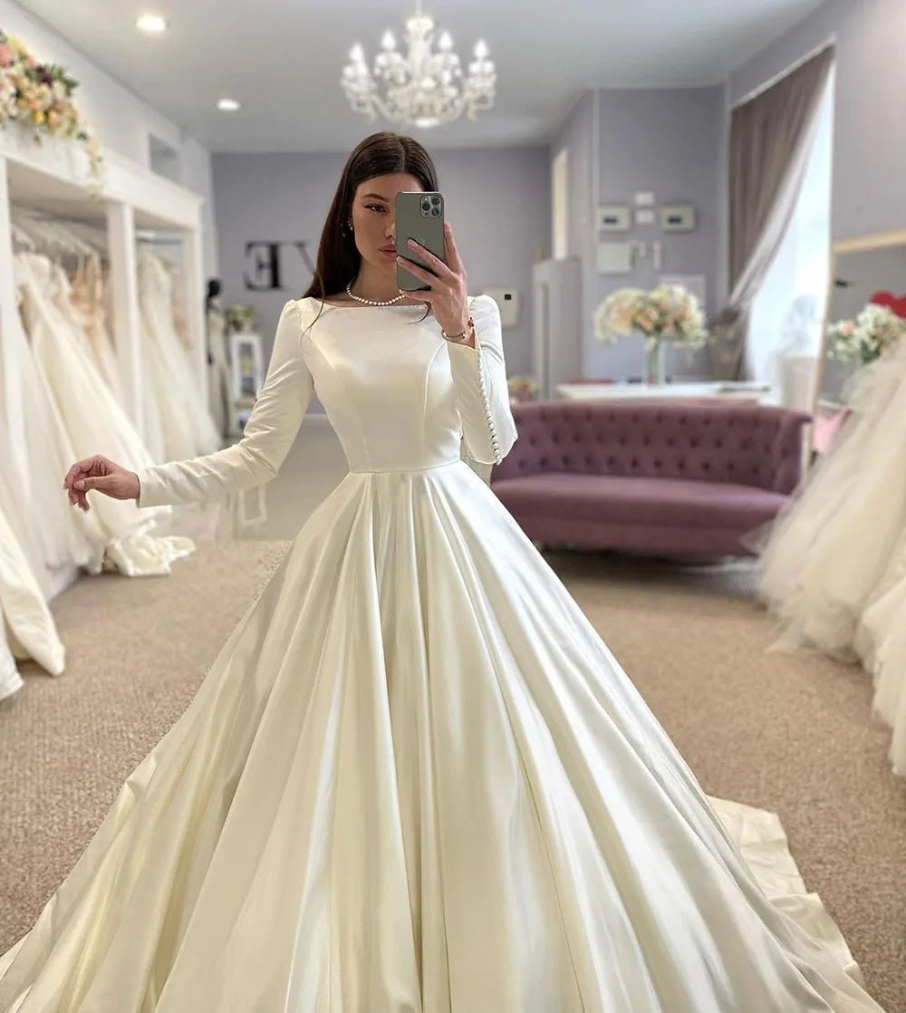 Modest Satin Full-Sleeve Wedding Gown - Luzilly Bridal & Apparel