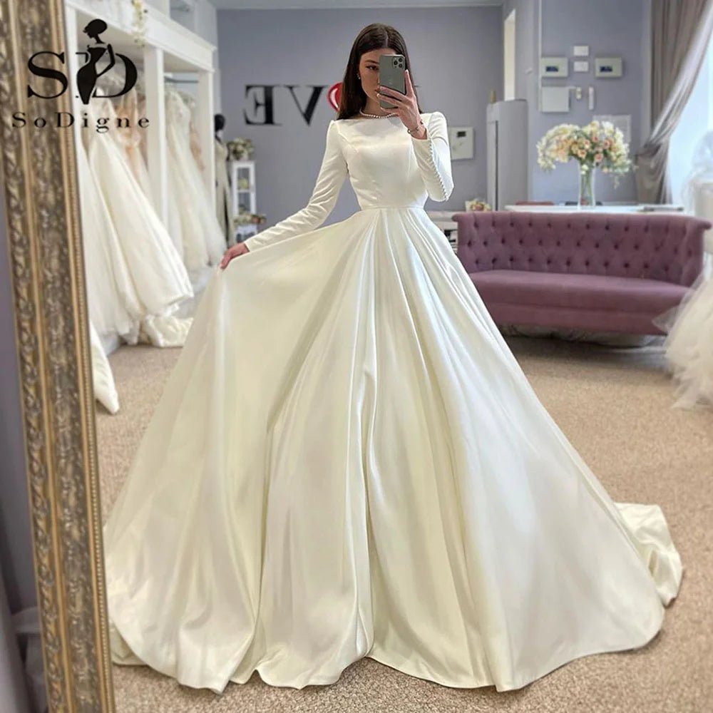 Modest Satin Full-Sleeve Wedding Gown - Luzilly Bridal & Apparel