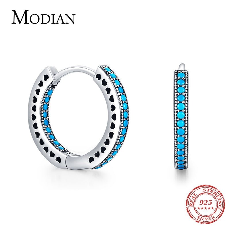 MODIAN Heart To Heart Ear Buckle Pure 925 Sterling Silver Vintage Turquoise Hoop Earrings For Women & Girls Fine Jewelry Gifts - Luzilly Bridal & Apparel
