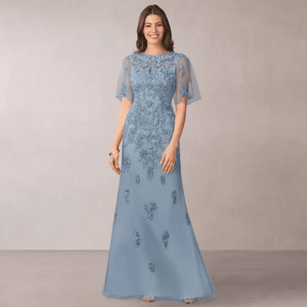 Mother Of The Bride Blue Dresses Floor Length Tulle Applique Short Sleeve Long For Weddings Formal Party Gown Elegant Customze - Luzilly Bridal & Apparel