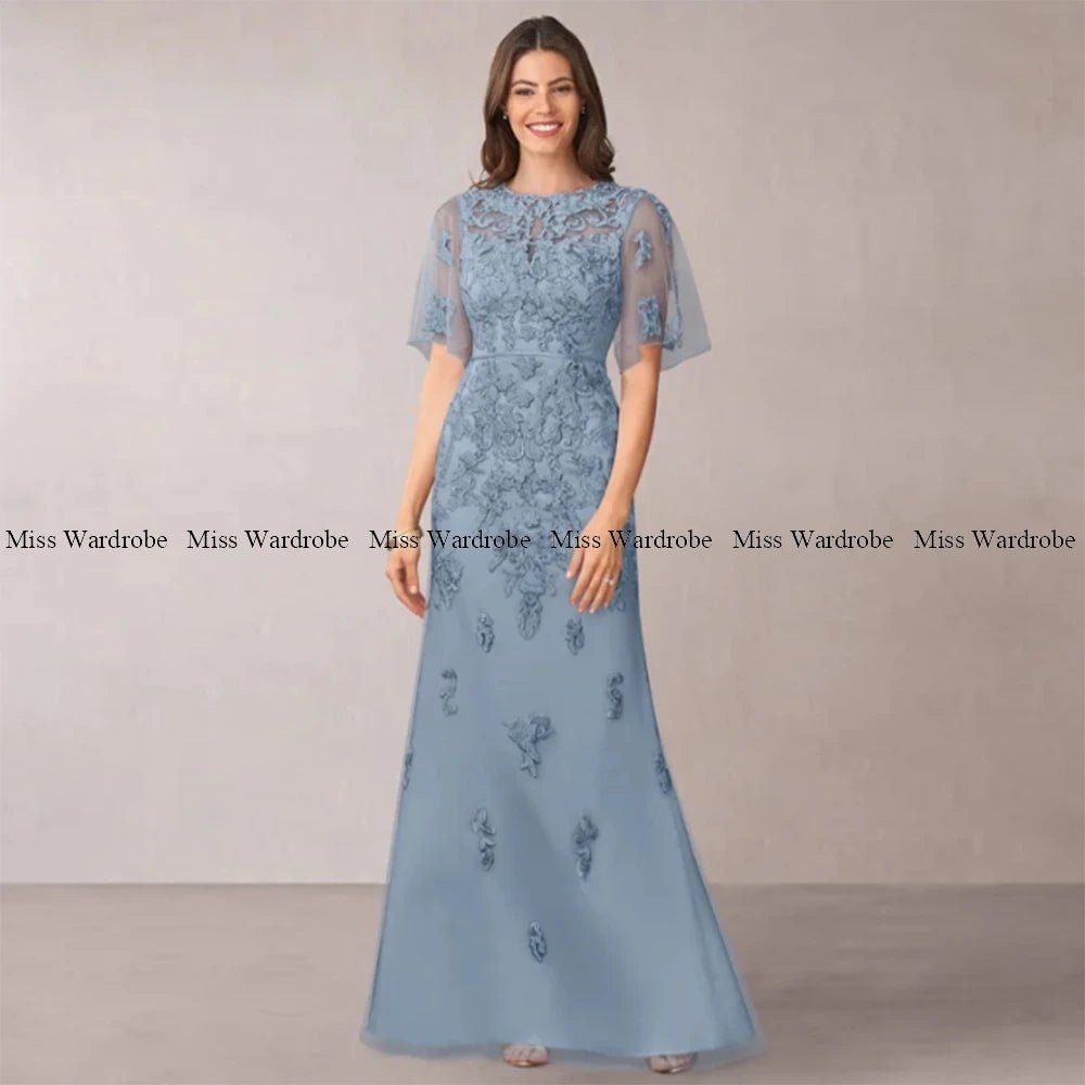 Mother Of The Bride Blue Dresses Floor Length Tulle Applique Short Sleeve Long For Weddings Formal Party Gown Elegant Customze - Luzilly Bridal & Apparel