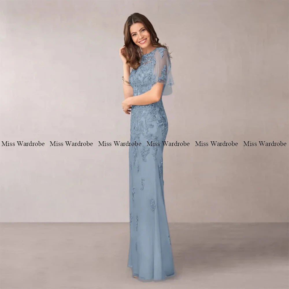Mother Of The Bride Blue Dresses Floor Length Tulle Applique Short Sleeve Long For Weddings Formal Party Gown Elegant Customze - Luzilly Bridal & Apparel