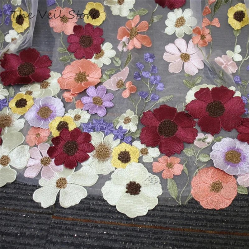 MultiColoured 3D Flowers Floral Bridal Wedding Veils With Comb White Ivory Tulle Embroidered Colorful Unique Purple Yellow Pink - Luzilly Bridal & Apparel