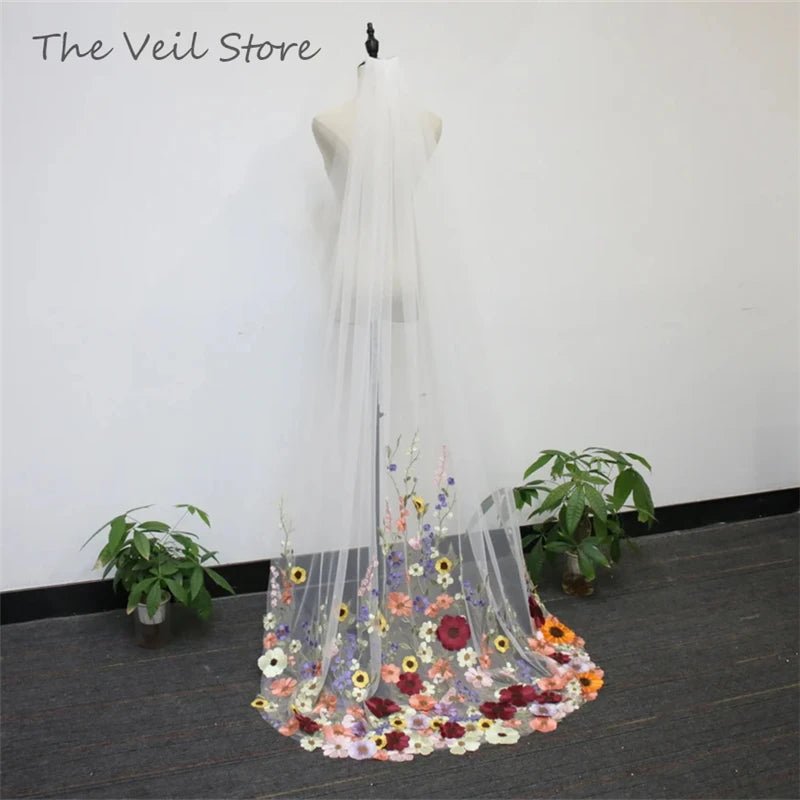 MultiColoured 3D Flowers Floral Bridal Wedding Veils With Comb White Ivory Tulle Embroidered Colorful Unique Purple Yellow Pink - Luzilly Bridal & Apparel