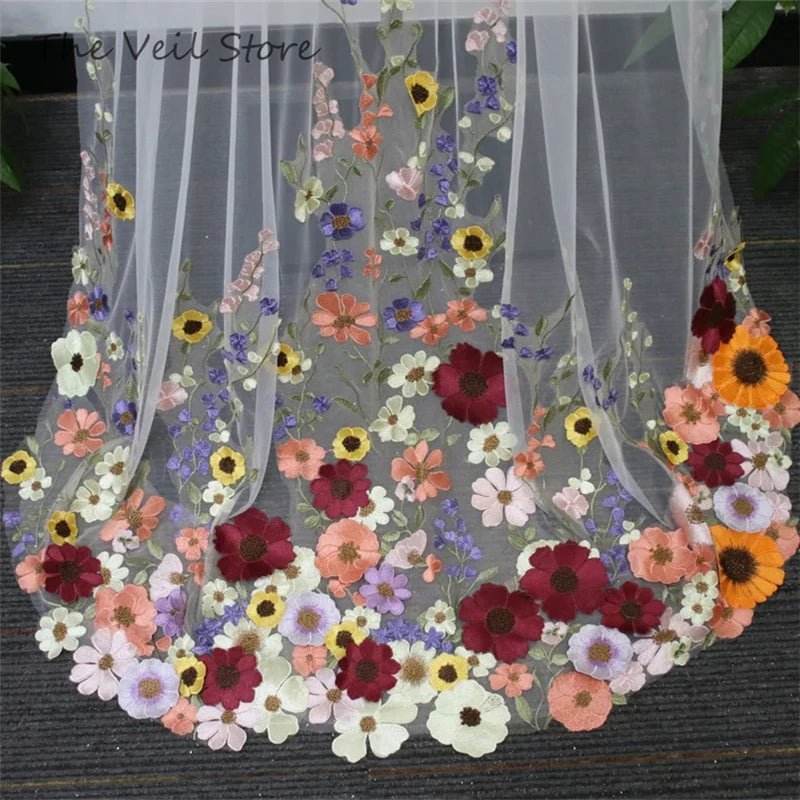 MultiColoured 3D Flowers Floral Bridal Wedding Veils With Comb White Ivory Tulle Embroidered Colorful Unique Purple Yellow Pink - Luzilly Bridal & Apparel