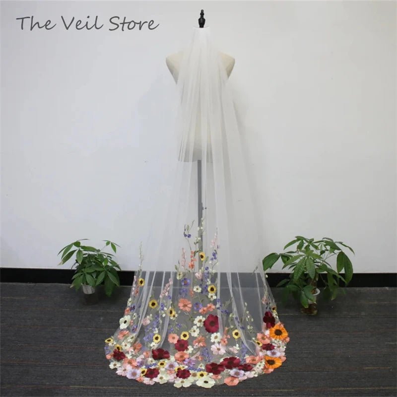MultiColoured 3D Flowers Floral Bridal Wedding Veils With Comb White Ivory Tulle Embroidered Colorful Unique Purple Yellow Pink - Luzilly Bridal & Apparel